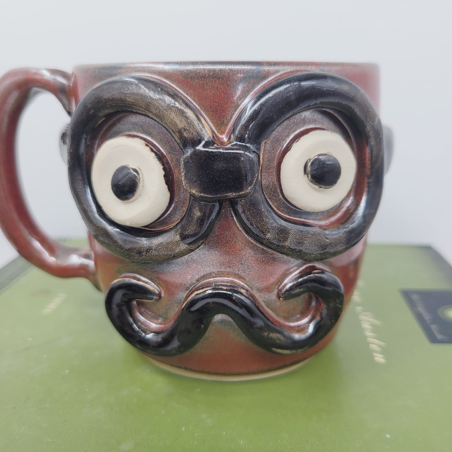 Handmade Man's Face Mug | Red Coffee Cup with Handlebar Mustache and Glasses