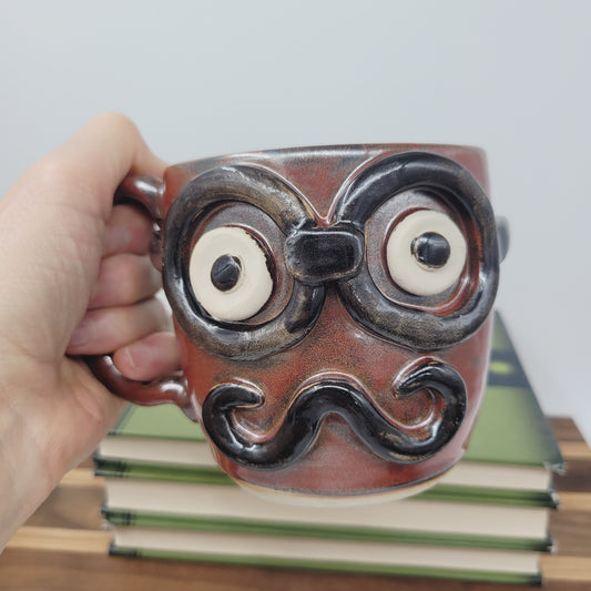 Handmade Man's Face Mug | Red Coffee Cup with Handlebar Mustache and Glasses