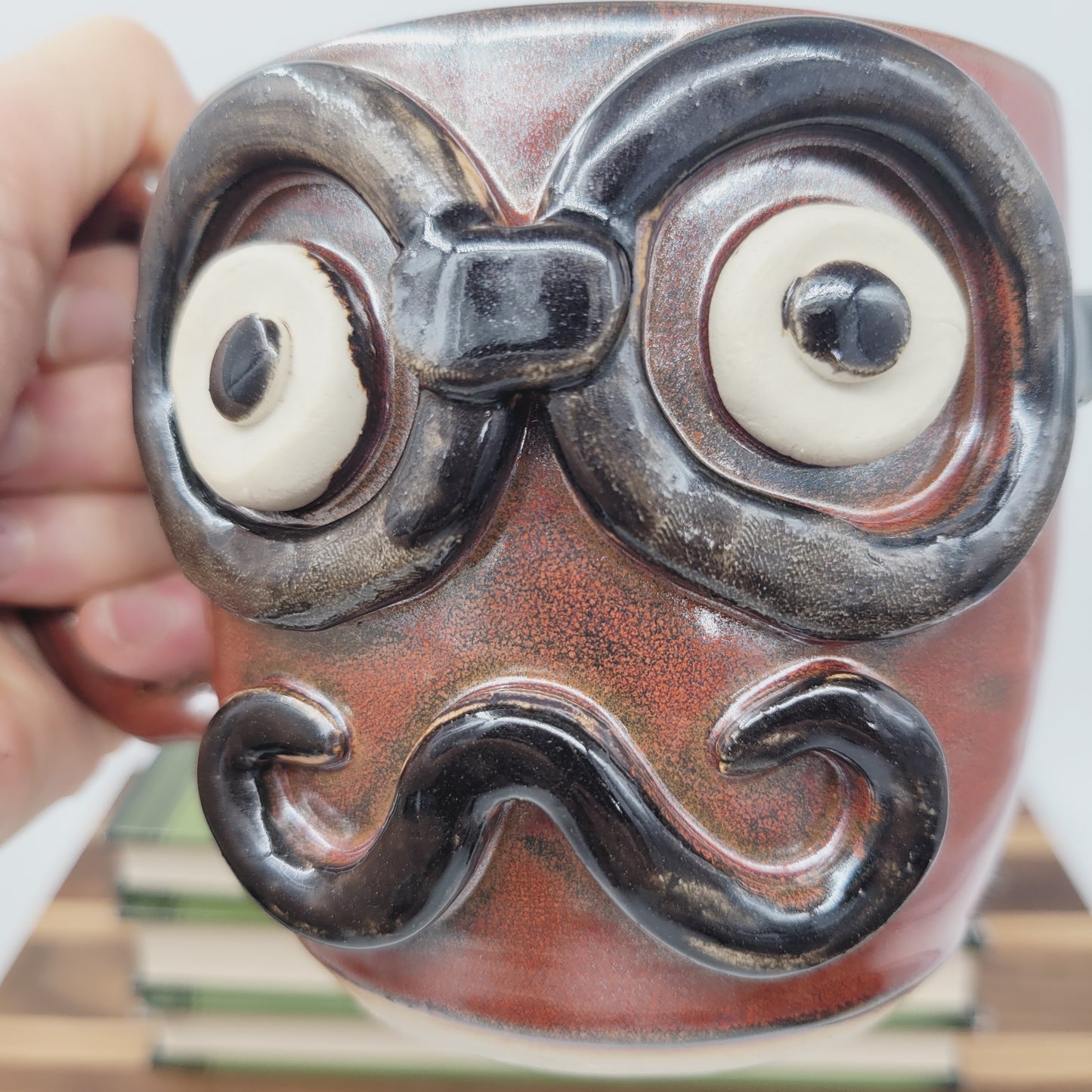 Handmade Man's Face Mug | Red Coffee Cup with Handlebar Mustache and Glasses