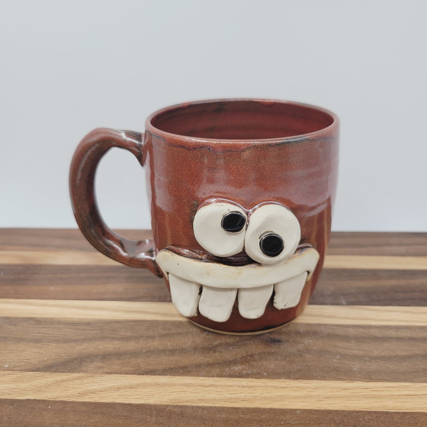 Ceramic Coffee Cup in Rustic Red Brown | UG CHUG Funny Face Mug | Handmade Stoneware Pottery