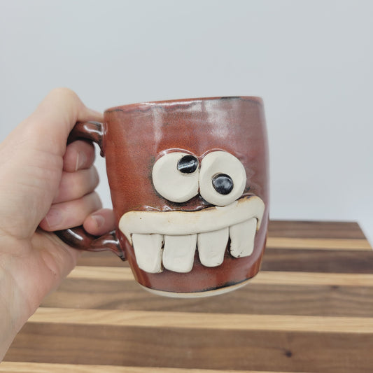 Ceramic Coffee Cup in Rustic Red Brown | UG CHUG Funny Face Mug | Handmade Stoneware Pottery