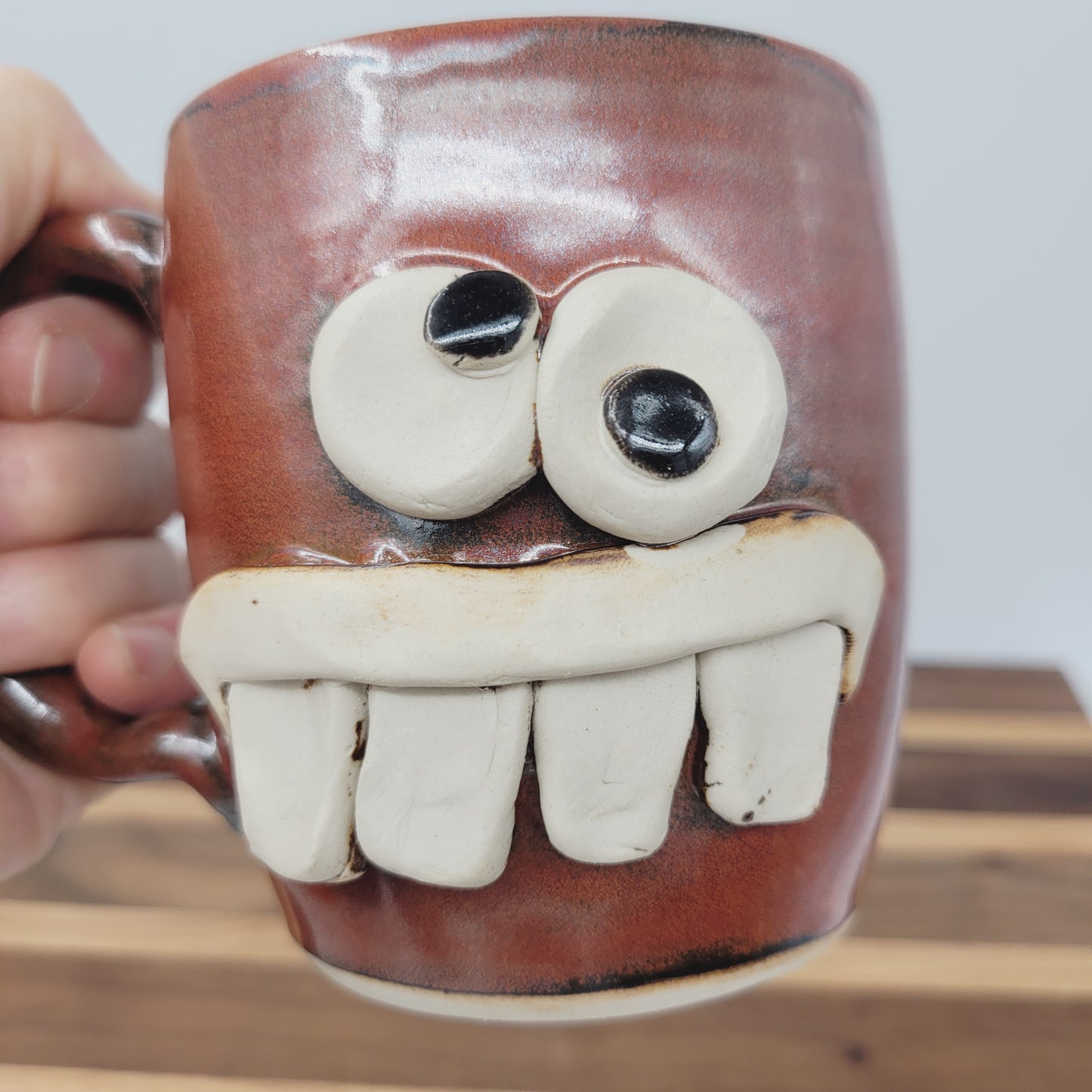 Ceramic Coffee Cup in Rustic Red Brown | UG CHUG Funny Face Mug | Handmade Stoneware Pottery