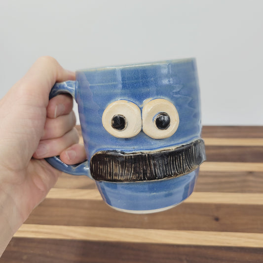Bushy Mustache Mug | Ceramic Stoneware Pottery Coffee Cup | Microwave Dishwasher Safe | Blue