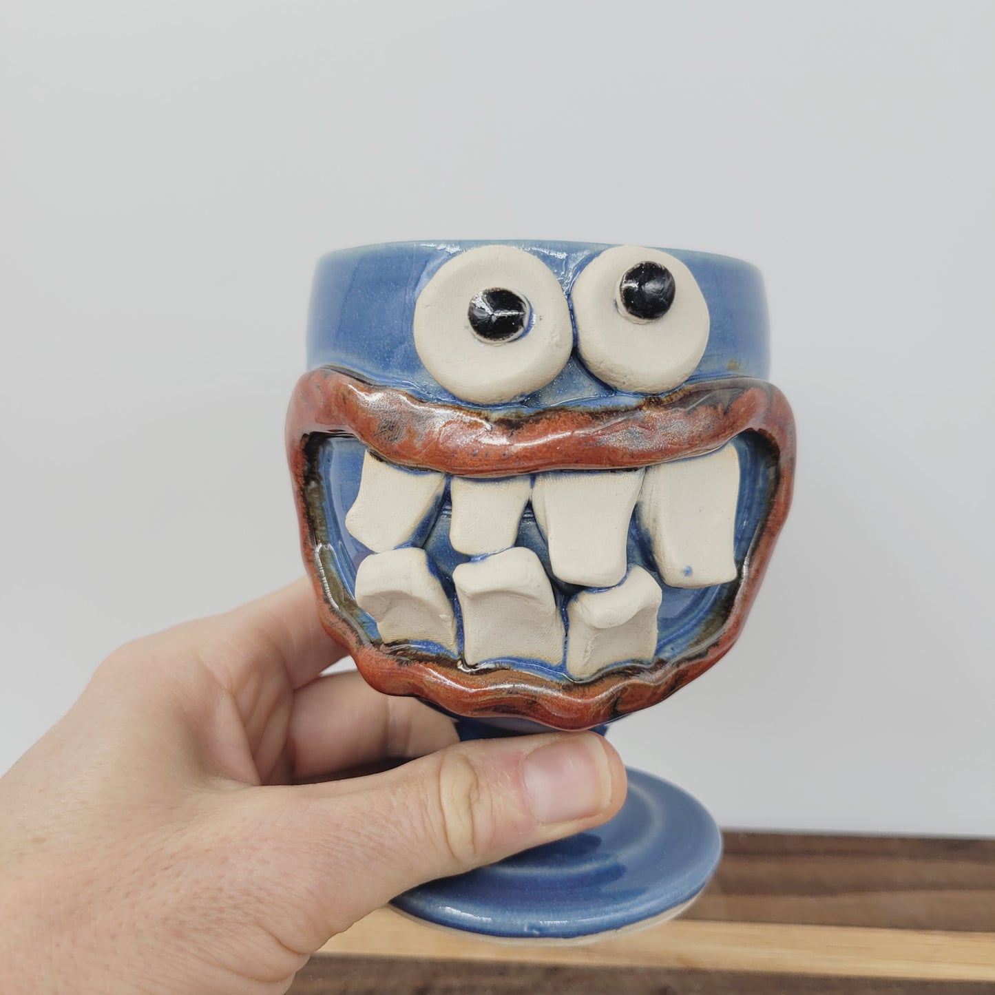 Wine Glass | Funny Face Pottery Short-stemmed Goblet | Blue