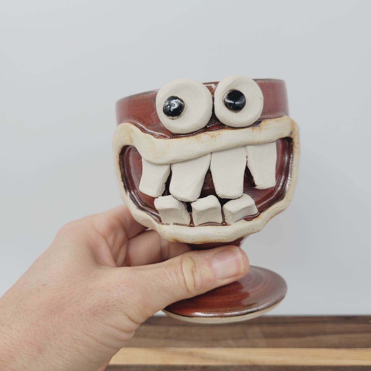 Getting Older Man's Wine Glass | Funny Face Handmade Pottery Short-stemmed Goblet | Red