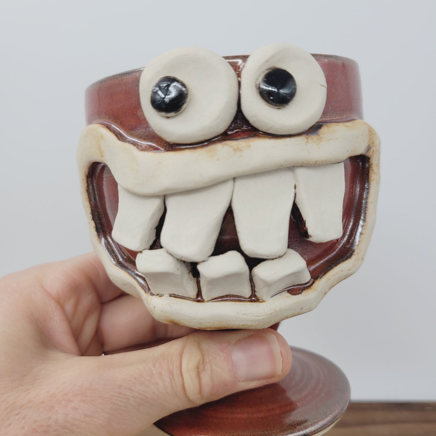 Getting Older Man's Wine Glass | Funny Face Handmade Pottery Short-stemmed Goblet | Red