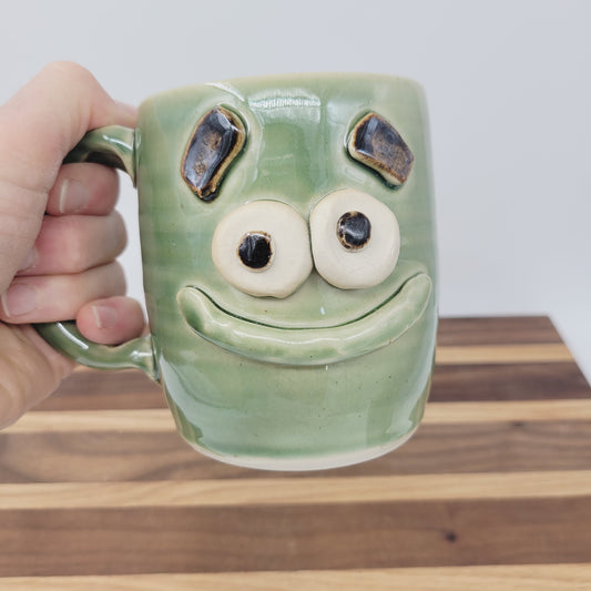 Smiley Face Coffee Cup in Green | Handmade Stoneware Pottery Mug | Funny Gifts for Dad