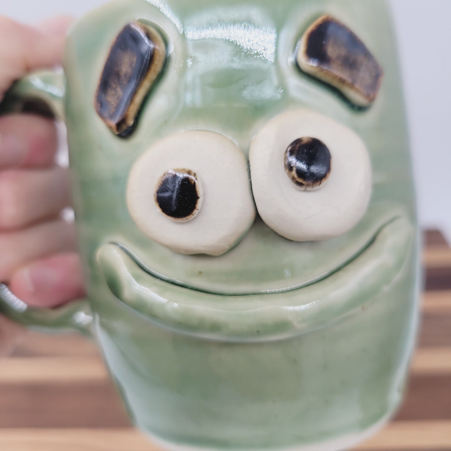 Smiley Face Coffee Cup in Green | Handmade Stoneware Pottery Mug | Funny Gifts for Dad