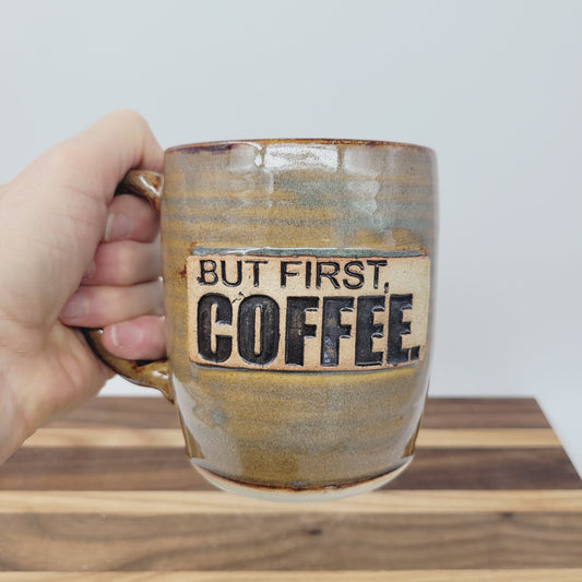But First Coffee | Cups and Mugs for Coffee Drinkers | Handmade Stoneware Pottery | Rusty Blue Brown