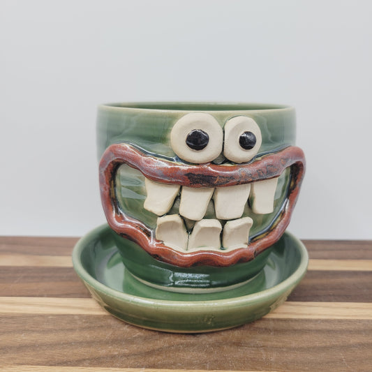 Handmade Pottery Face Planter | Cheerful Gardening Container Pot| Green | Nelson Studio Ug Chug