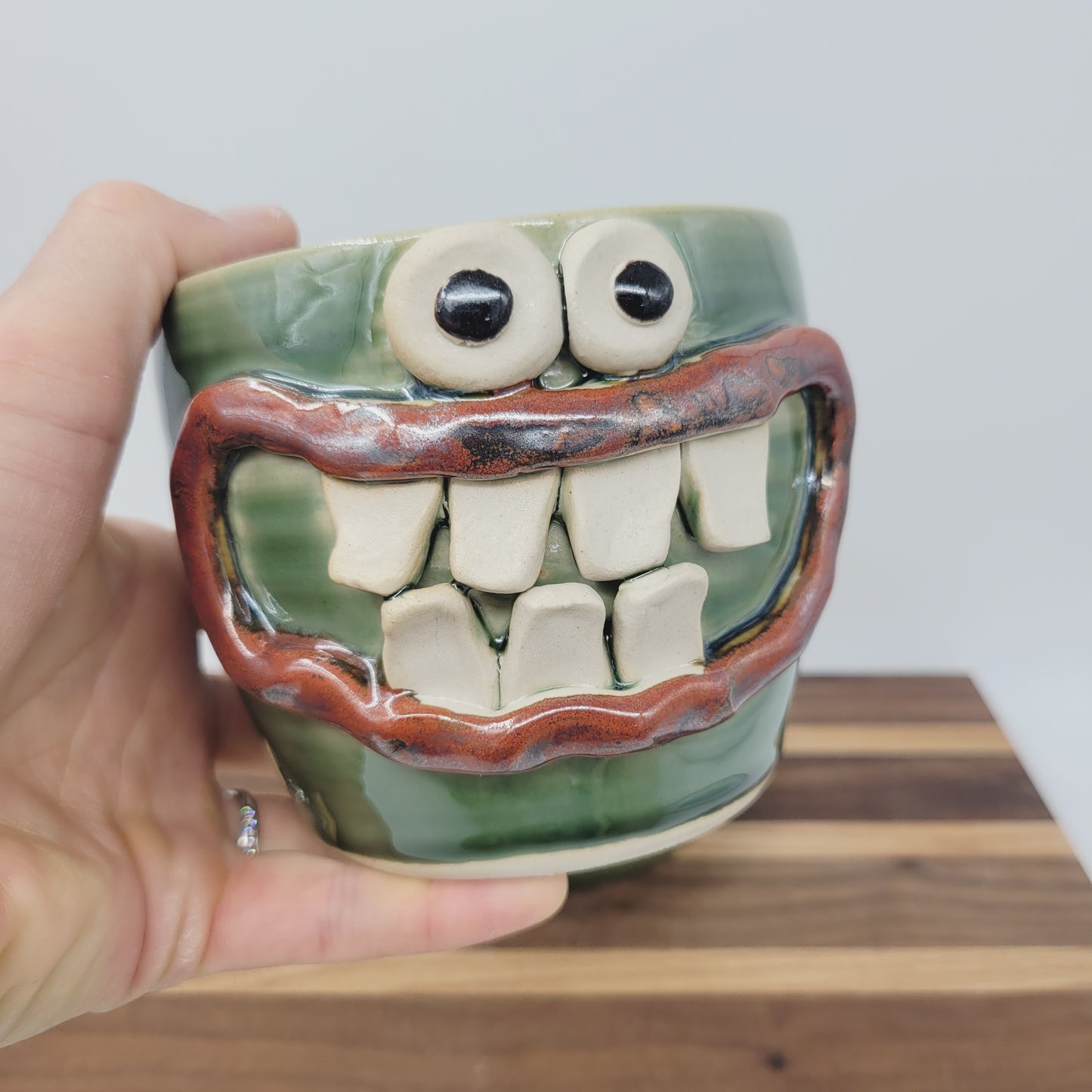 Handmade Pottery Face Planter | Cheerful Gardening Container Pot| Green | Nelson Studio Ug Chug