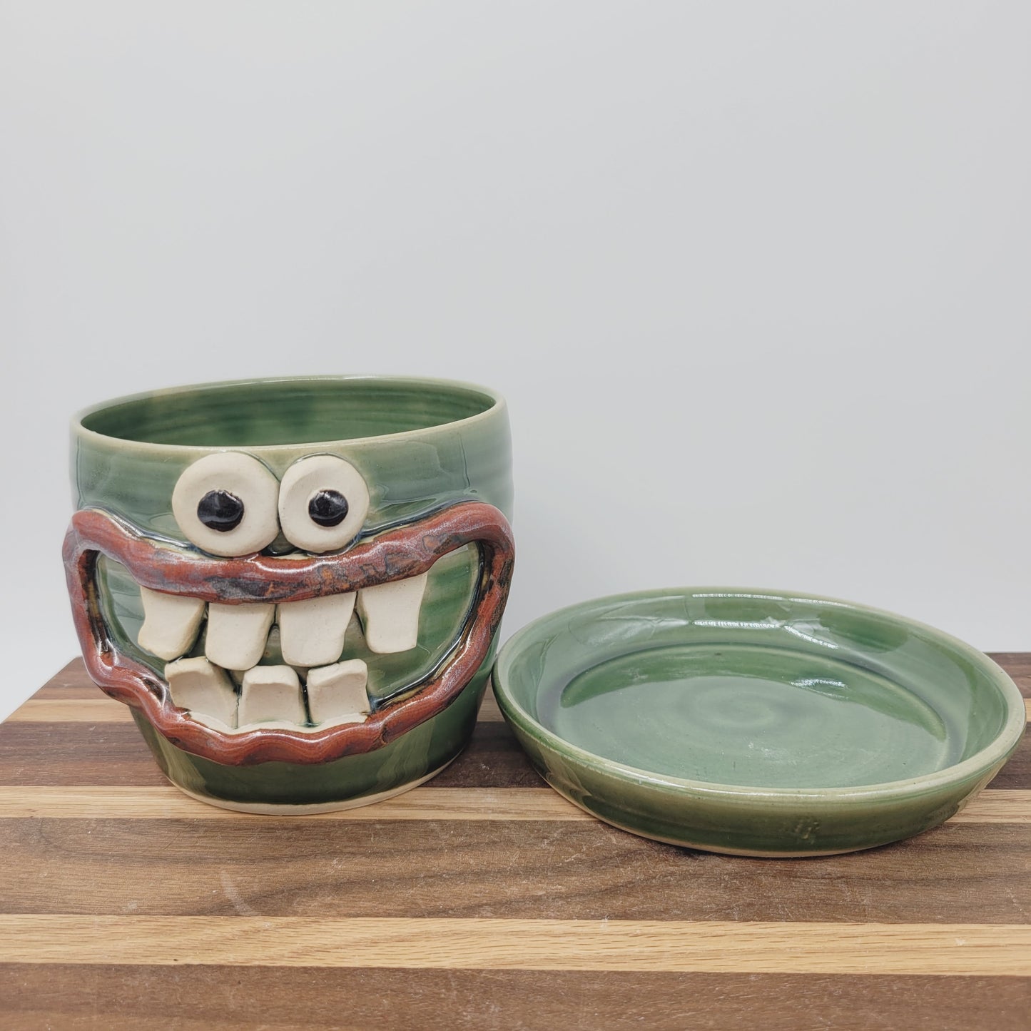 Handmade Pottery Face Planter | Cheerful Gardening Container Pot| Green | Nelson Studio Ug Chug