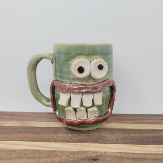 Green Smiley Face Coffee Cup | 16 Ounces | Handmade Stoneware Pottery