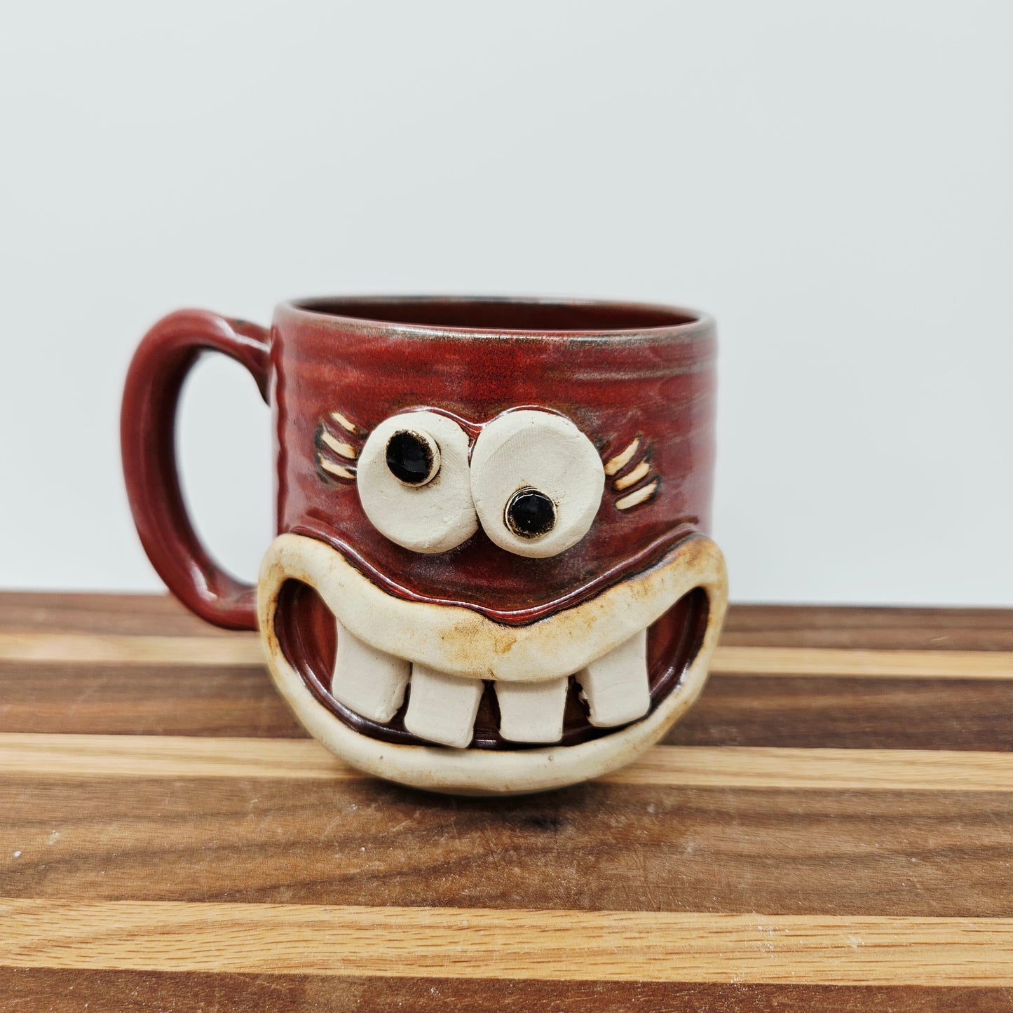 Woman's Fun Face Mug | Cheerful Ladies Coffee Cup | Microwave Dishwasher Safe | Rustic Red