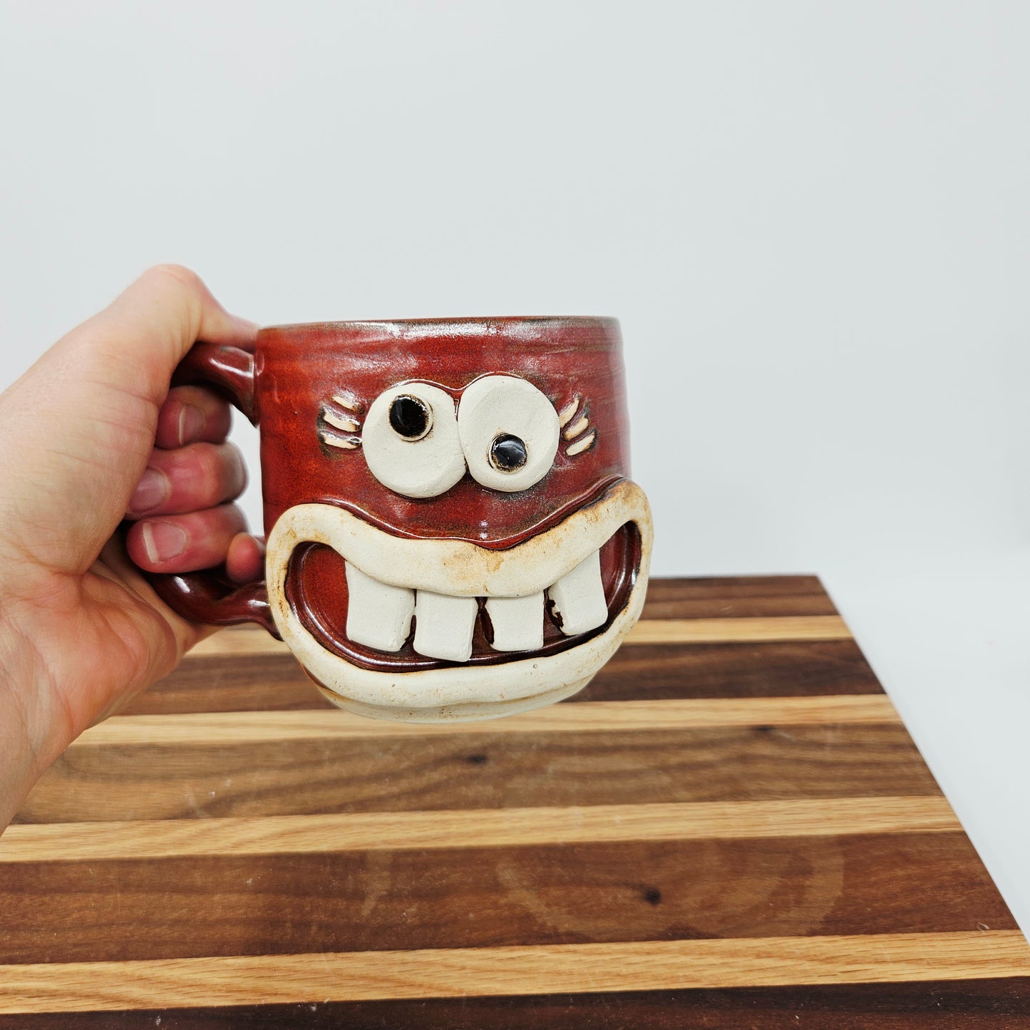Woman's Fun Face Mug | Cheerful Ladies Coffee Cup | Microwave Dishwasher Safe | Rustic Red