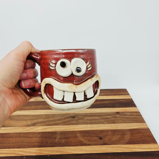 Woman's Fun Face Mug | Cheerful Ladies Coffee Cup | Microwave Dishwasher Safe | Rustic Red