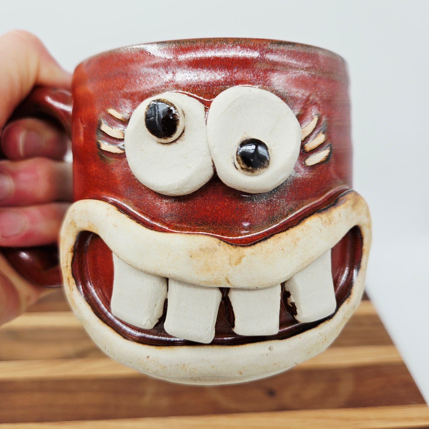 Woman's Fun Face Mug | Cheerful Ladies Coffee Cup | Microwave Dishwasher Safe | Rustic Red