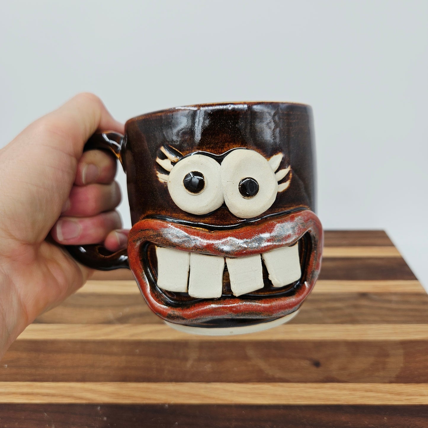 Woman's Fun Face Mug | Cheerful Teacher Coffee Cup | Microwave Dishwasher Safe | Handmade Pottery