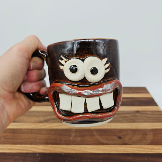Woman's Fun Face Mug | Cheerful Teacher Coffee Cup | Microwave Dishwasher Safe | Handmade Pottery