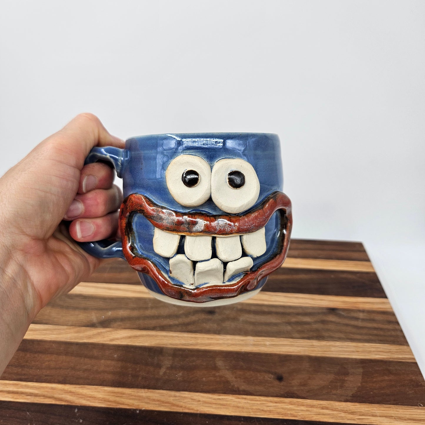 Funny Smiley Face Mug | Handmade Pottery Coffee Cups | Fun Gifts for Men Dad Husband | Ceramic Stoneware | Blue
