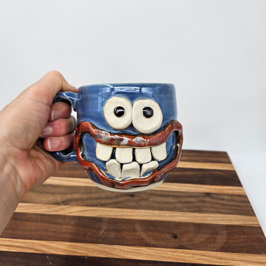 Funny Smiley Face Mug | Handmade Pottery Coffee Cups | Fun Gifts for Men Dad Husband | Ceramic Stoneware | Blue