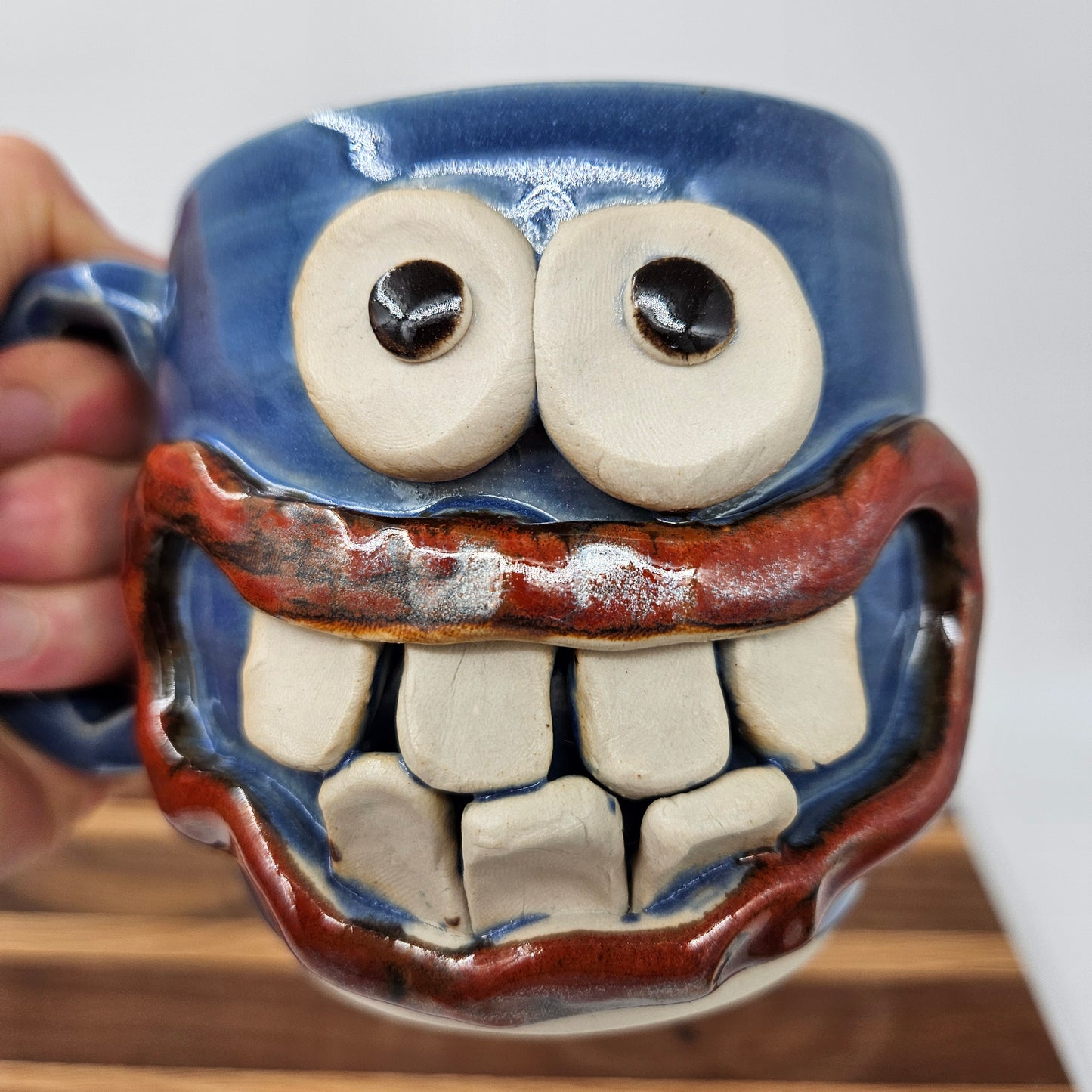 Funny Smiley Face Mug | Handmade Pottery Coffee Cups | Fun Gifts for Men Dad Husband | Ceramic Stoneware | Blue