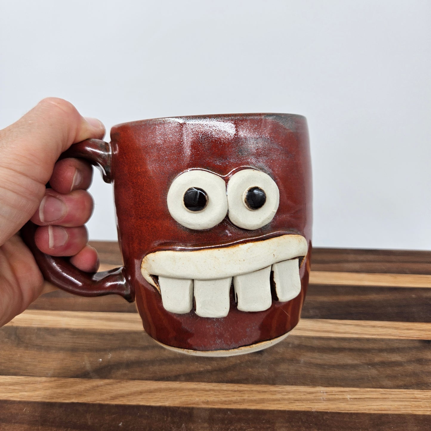 Ceramic Coffee Cup in Rustic Red Brown | UG CHUG Funny Face Mug | Handmade Stoneware Pottery