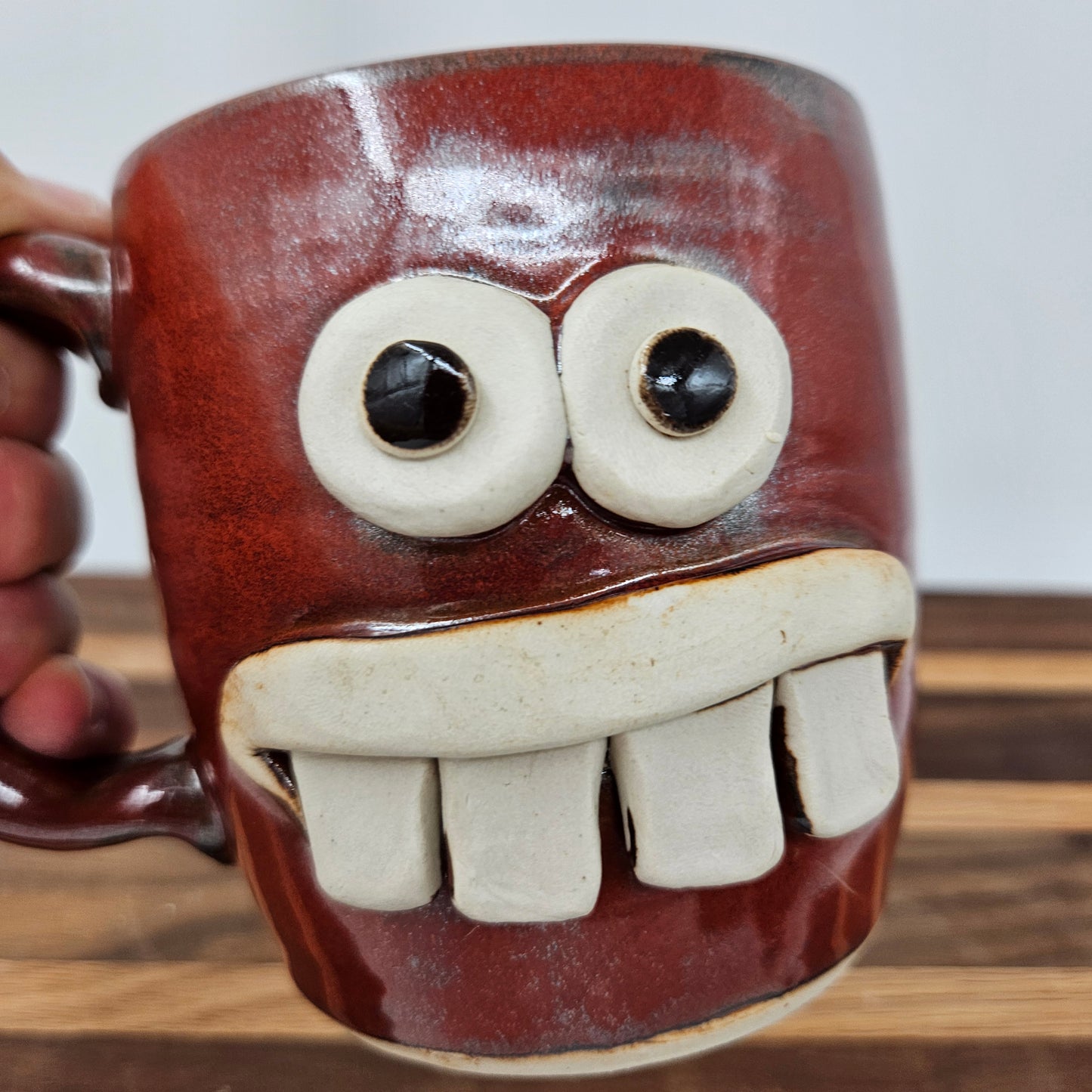 Ceramic Coffee Cup in Rustic Red Brown | UG CHUG Funny Face Mug | Handmade Stoneware Pottery