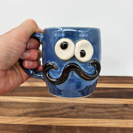 Handlebar Mustache Mug | Handcrafted Man's Pottery Coffee Cup | Microwave Dishwasher Safe | Blue