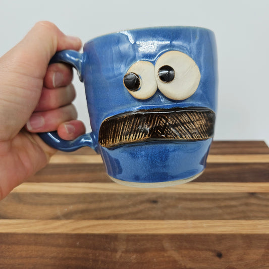 Bushy Mustache Mug | Ceramic Stoneware Pottery Coffee Cup | Microwave Dishwasher Safe | Blue