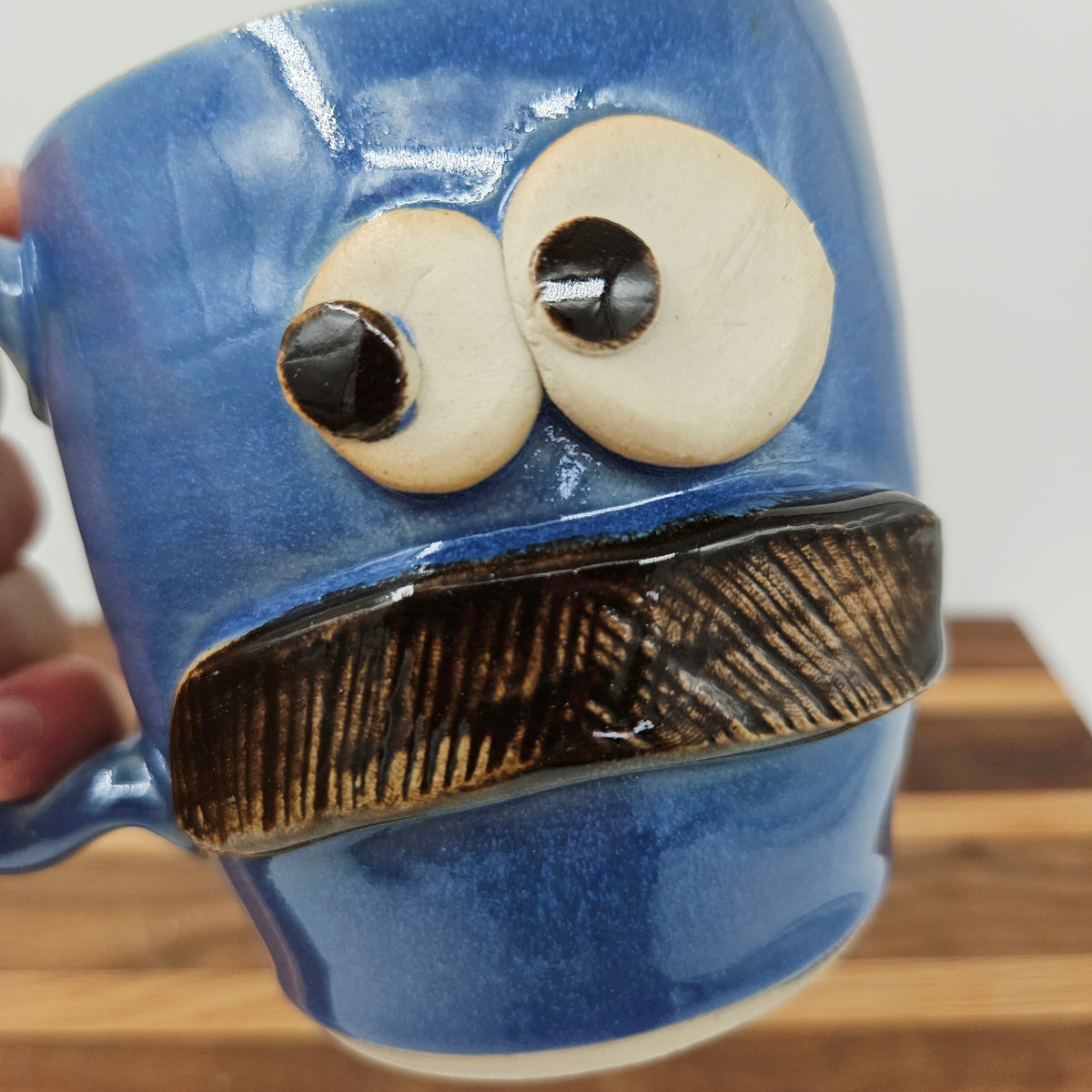 Bushy Mustache Mug | Ceramic Stoneware Pottery Coffee Cup | Microwave Dishwasher Safe | Blue
