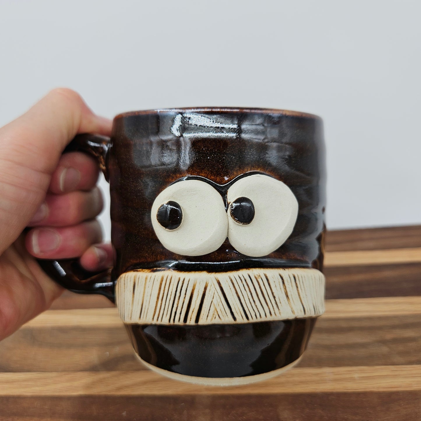 Man's Bushy Mustache Mug | Ceramic Stoneware Pottery Coffee Cup | Chocolate Brown Black | Nelson Studio Ug Chugs