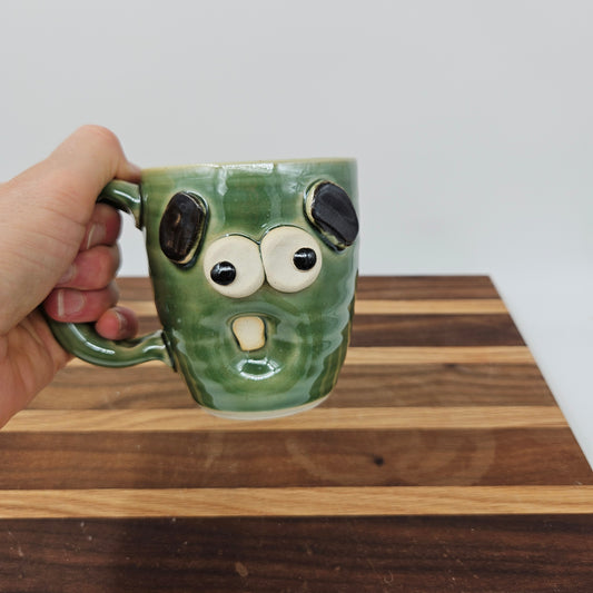 Fun Ceramic Crazy Morning Coffee Cup | Green | Stoneware Pottery Face Mug | Unique Gifts
