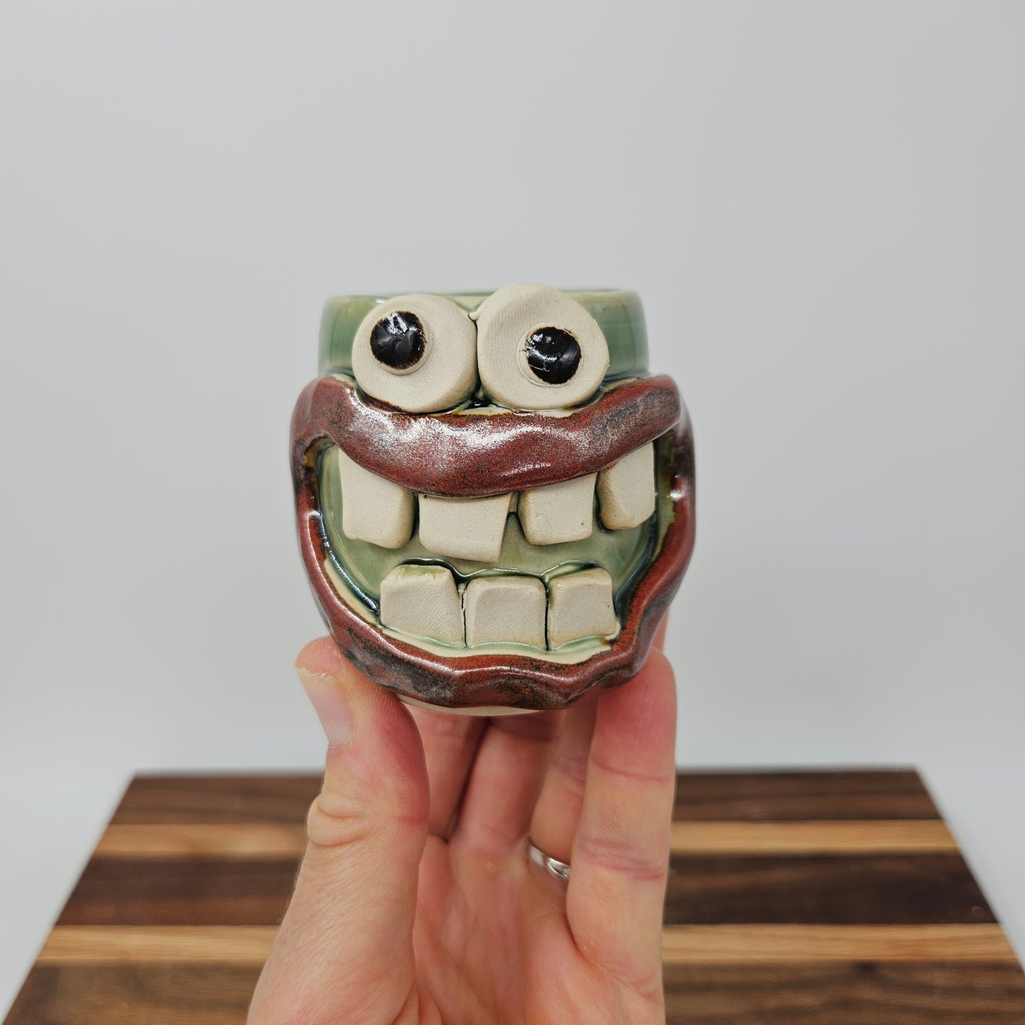 Toothpick Holder | Paperclip Cup | Funny Face Mini Pottery | Green | Nelson Studio Ug Chug