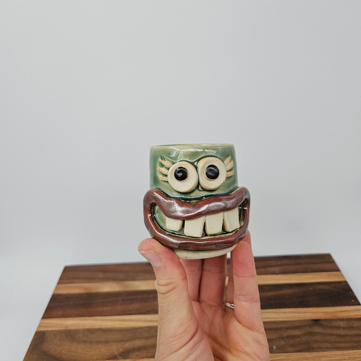 Funny Face Mini Glass | Handmade Stoneware Toothpick Holder Green