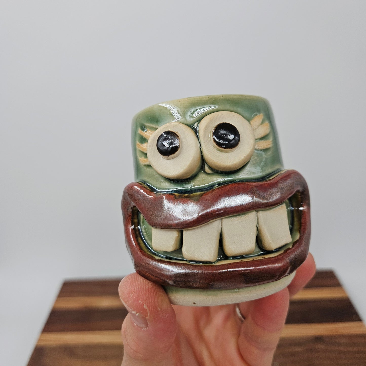 Funny Face Mini Glass | Handmade Stoneware Toothpick Holder Green