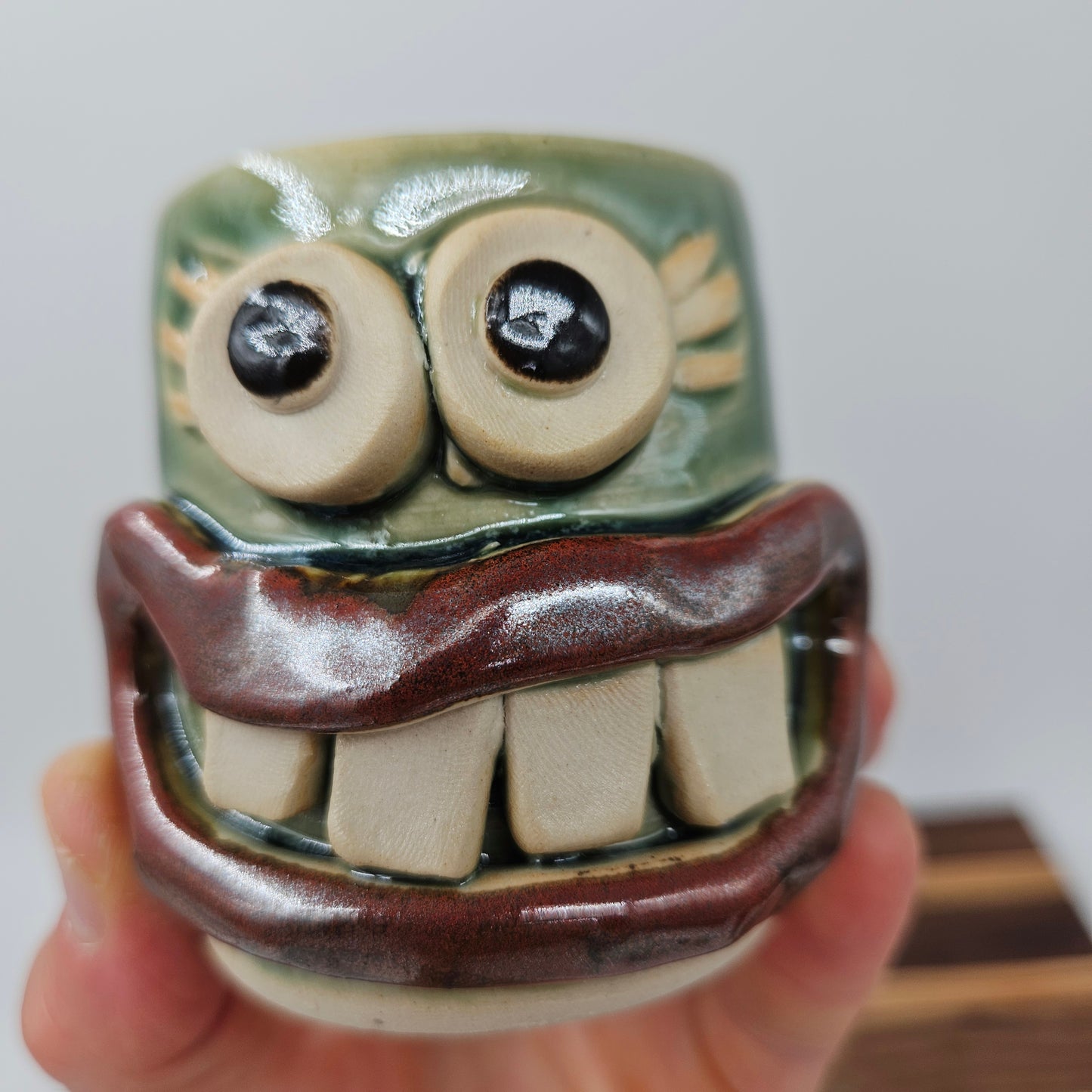 Funny Face Mini Glass | Handmade Stoneware Toothpick Holder Green