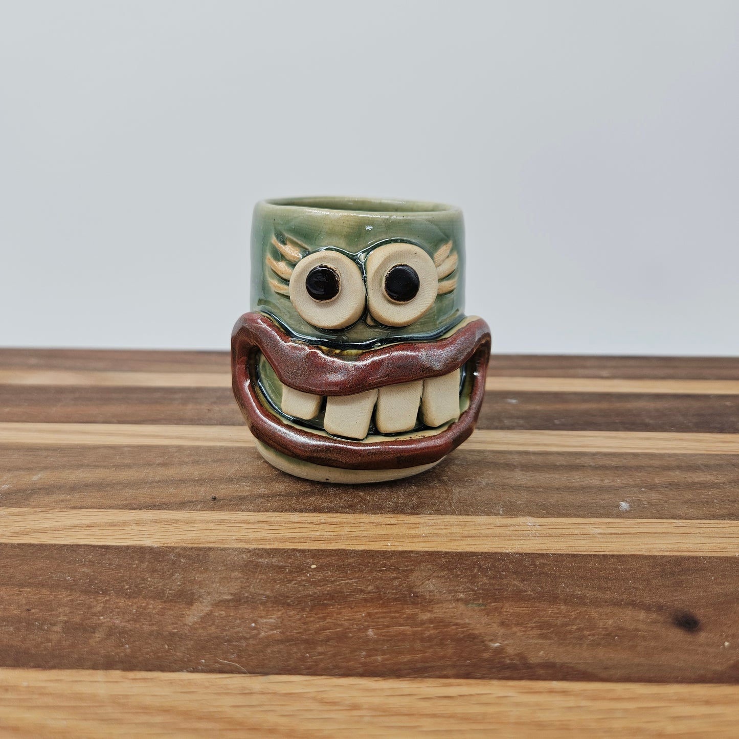 Funny Face Mini Glass | Handmade Stoneware Toothpick Holder Green