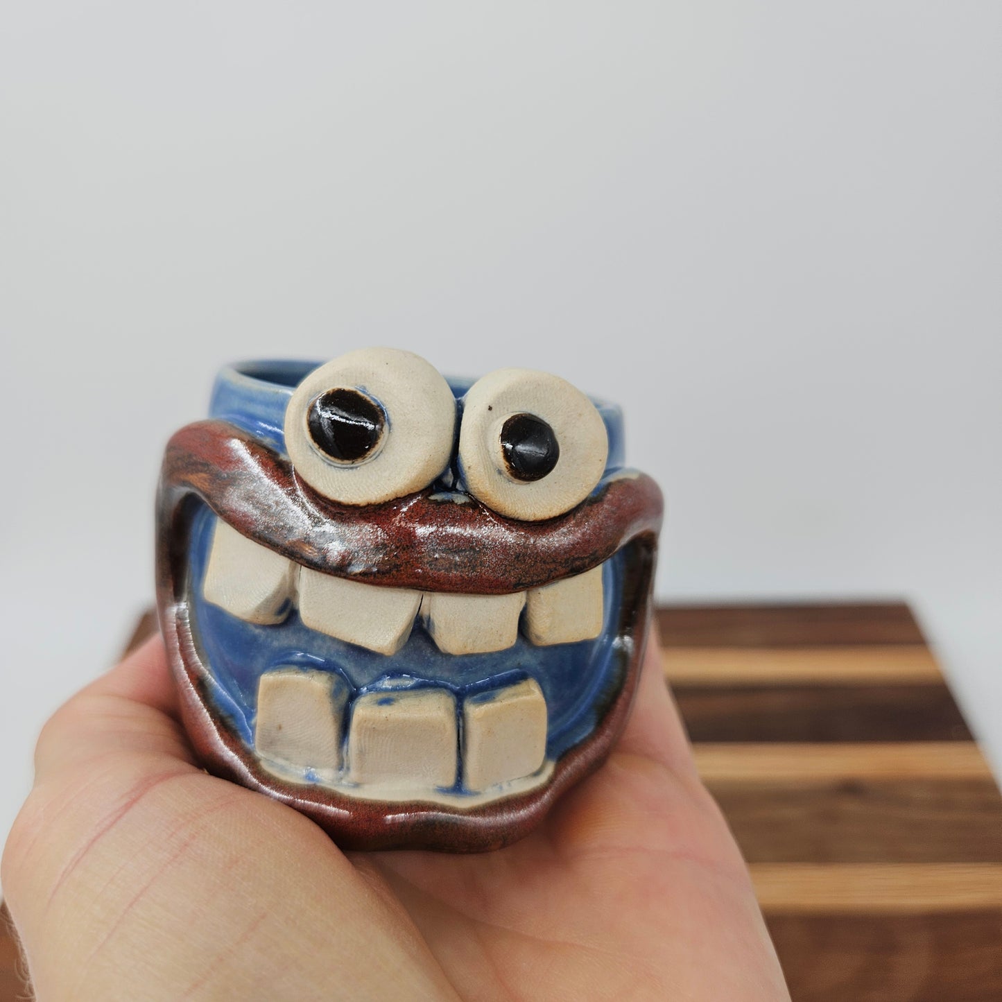 Toothpick Holder | Paperclip Cup | Funny Face Mini Pottery | Blue | Nelson Studio Ug Chug
