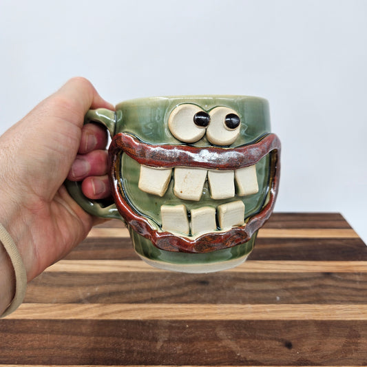 Green Smiley Face Coffee Cup | 16 - 20 Ounces | Handmade Stoneware Pottery