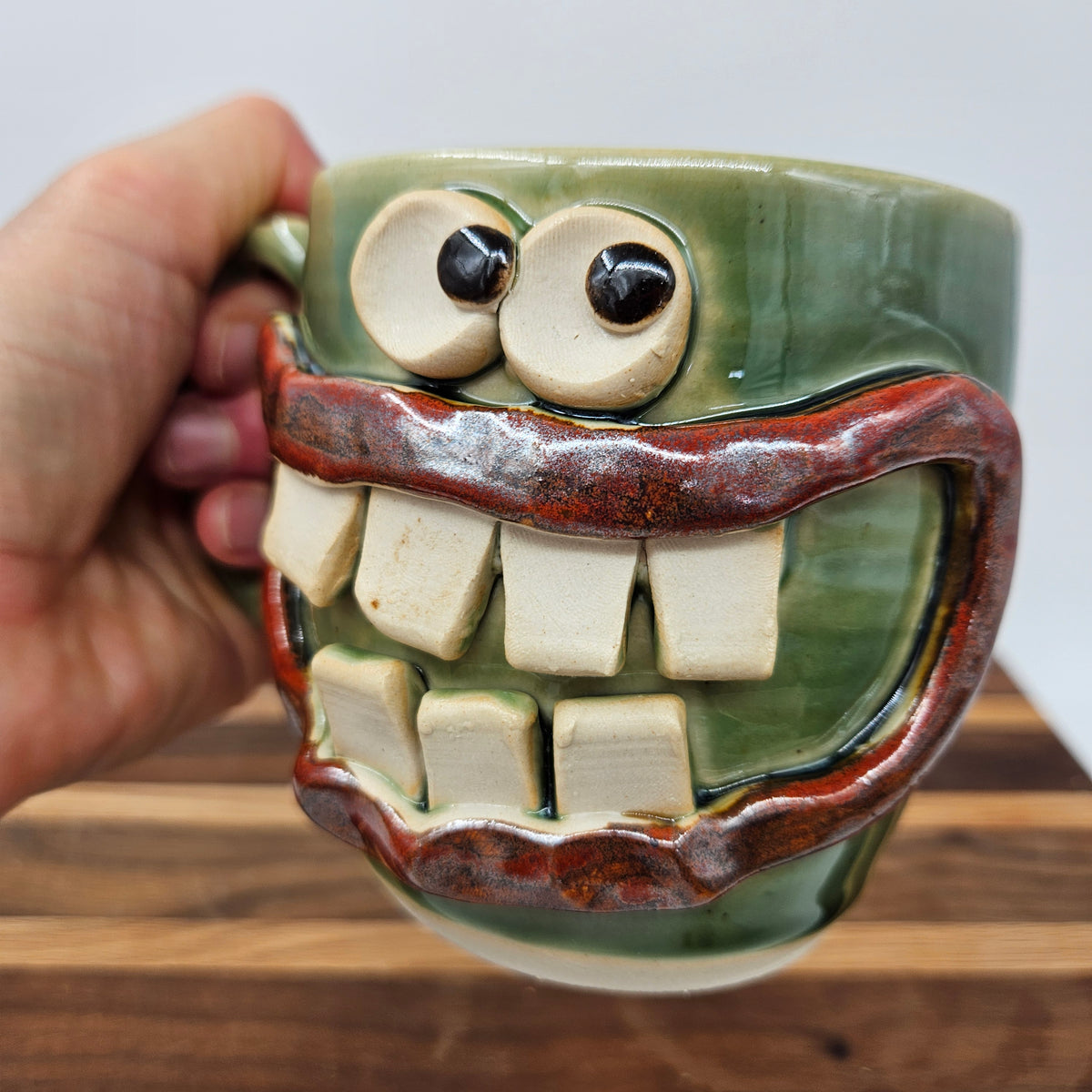 Green Smiley Face Coffee Cup | 16 - 20 Ounces | Handmade Stoneware Pottery