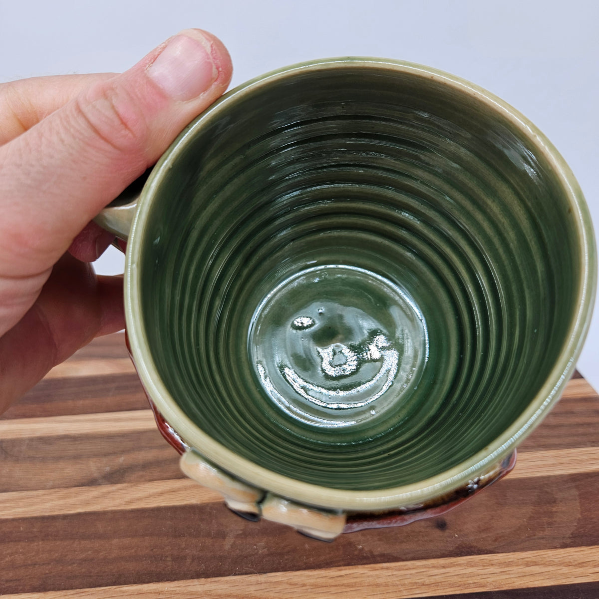Green Smiley Face Coffee Cup | 16 - 20 Ounces | Handmade Stoneware Pottery