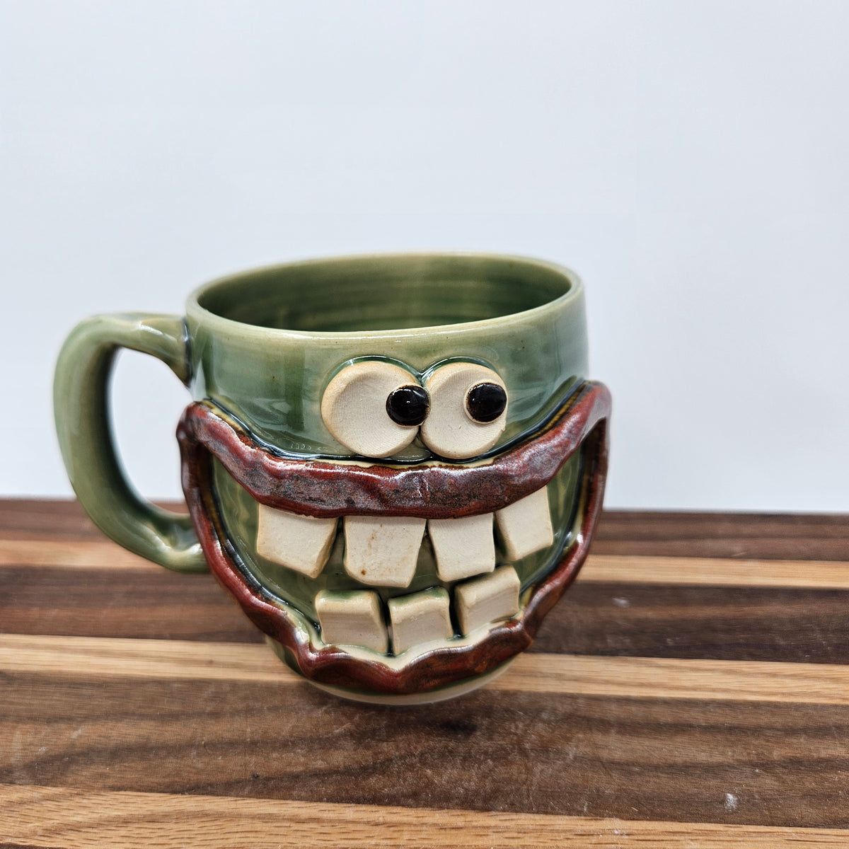 Green Smiley Face Coffee Cup | 16 - 20 Ounces | Handmade Stoneware Pottery