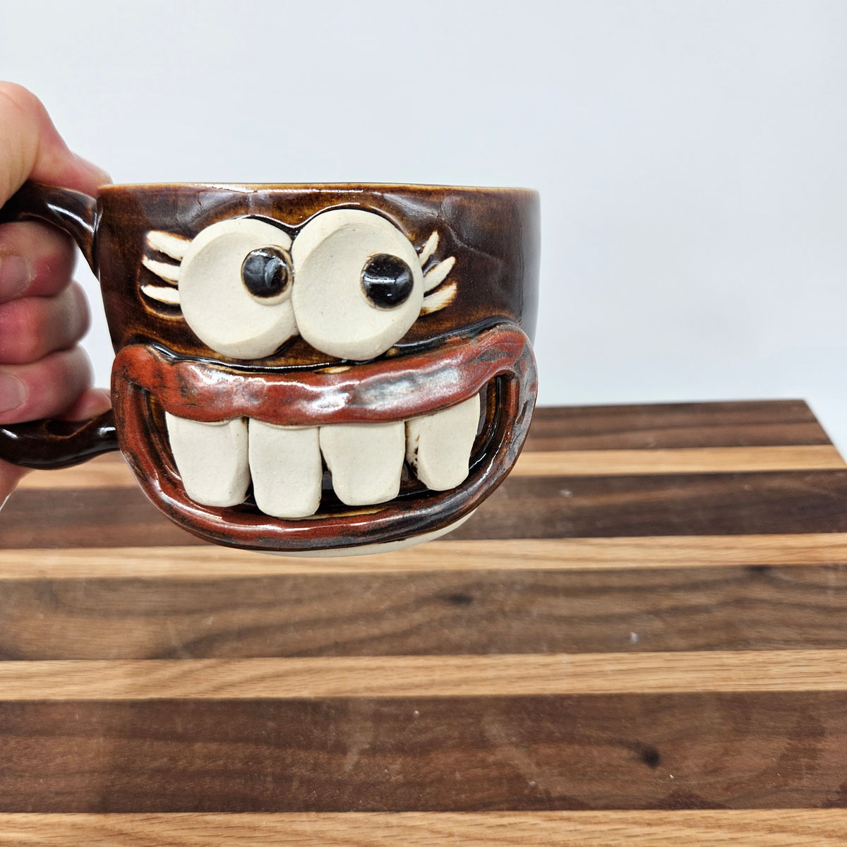 Woman's Fun Face Mug | Cheerful Teacher Coffee Cup | Microwave Dishwasher Safe | Handmade Pottery