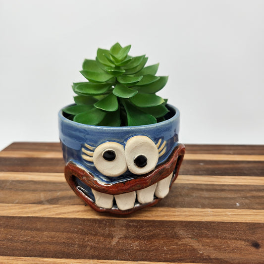 Tiny Container for Trinkets or Change | Handcrafted Stoneware Smiley Face Pottery | Blue | Mini Succulent Pot