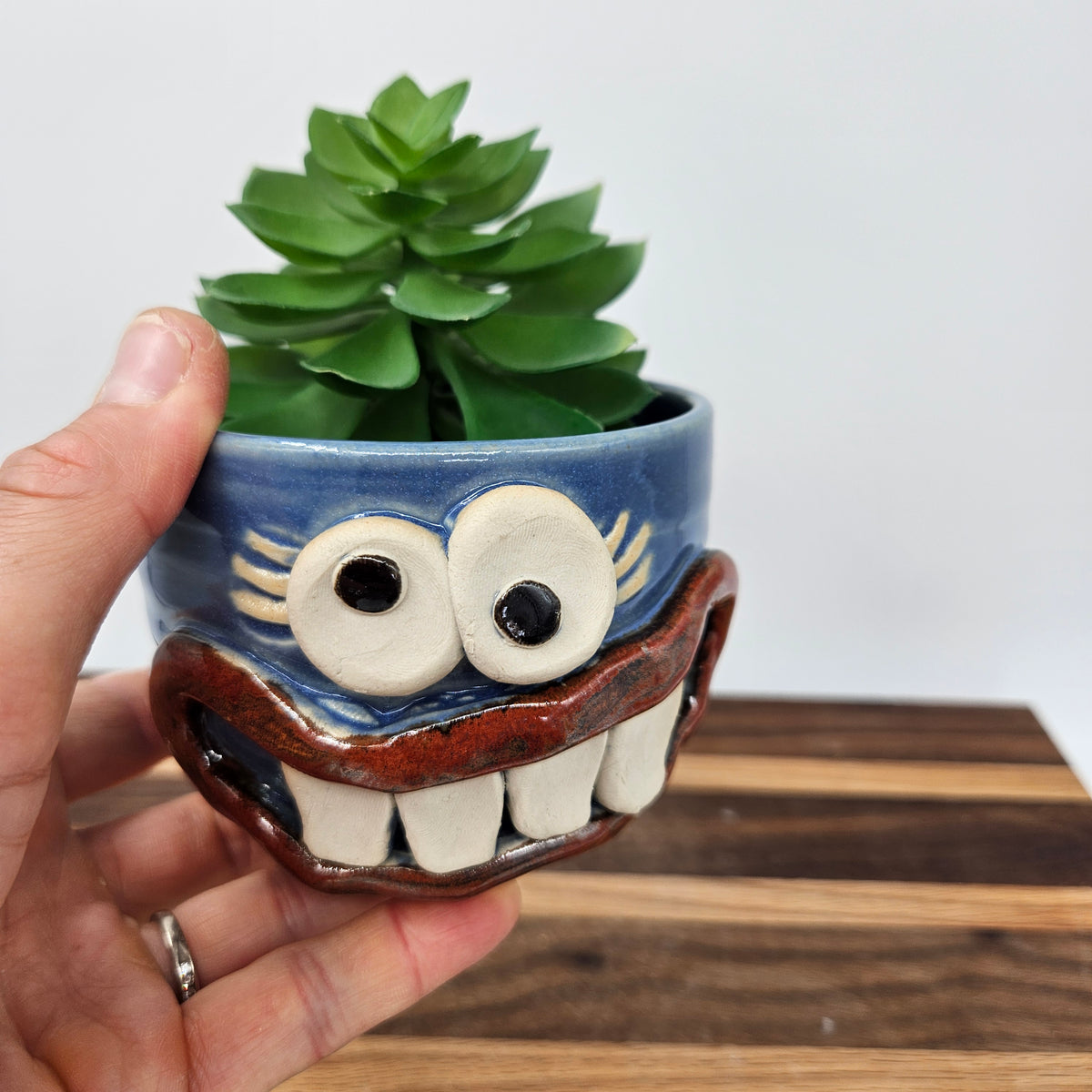Tiny Container for Trinkets or Change | Handcrafted Stoneware Smiley Face Pottery | Blue | Mini Succulent Pot
