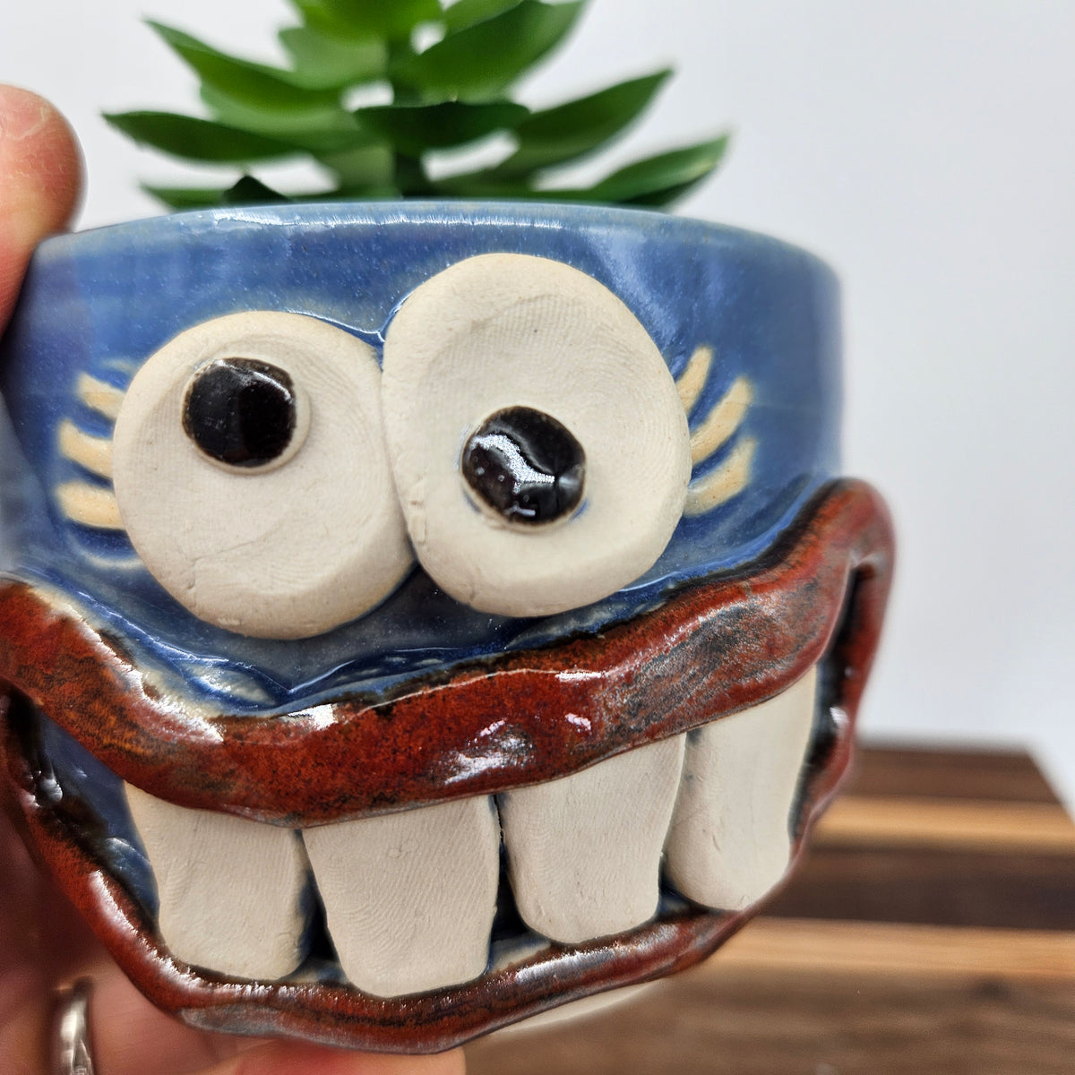 Tiny Container for Trinkets or Change | Handcrafted Stoneware Smiley Face Pottery | Blue | Mini Succulent Pot